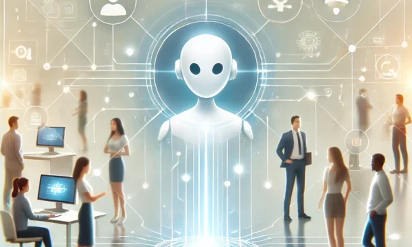 A clean and artistic illustration depicting futuristic customer support powered by AI. The design includes a central glowing AI assistant interacting