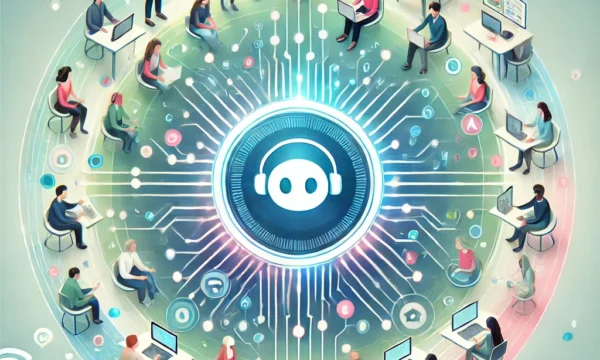 A fresh and unique illustration featuring a futuristic concept of AI-powered customer support. The design includes a central AI hub surrounded by dive