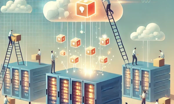 A humanized and artistic illustration depicting the migration of Adobe Experience Manager (AEM) to Cloud Service. The concept features individuals wor