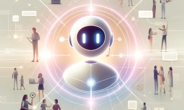 A minimalist and futuristic illustration showcasing AI-powered customer support. The central focus is a glowing AI assistant interacting with diverse