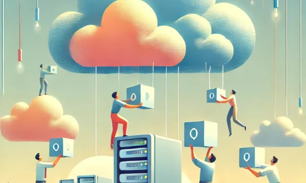 A single humanized illustration depicting the migration of Adobe Experience Manager (AEM) to Cloud Service. The concept shows a collaborative team lif